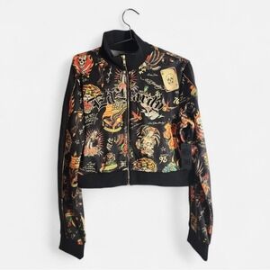 NEW Ed Hardy Track Jacket Women XL Black Tattoo Print Cropped Y2K Streetwear NWT